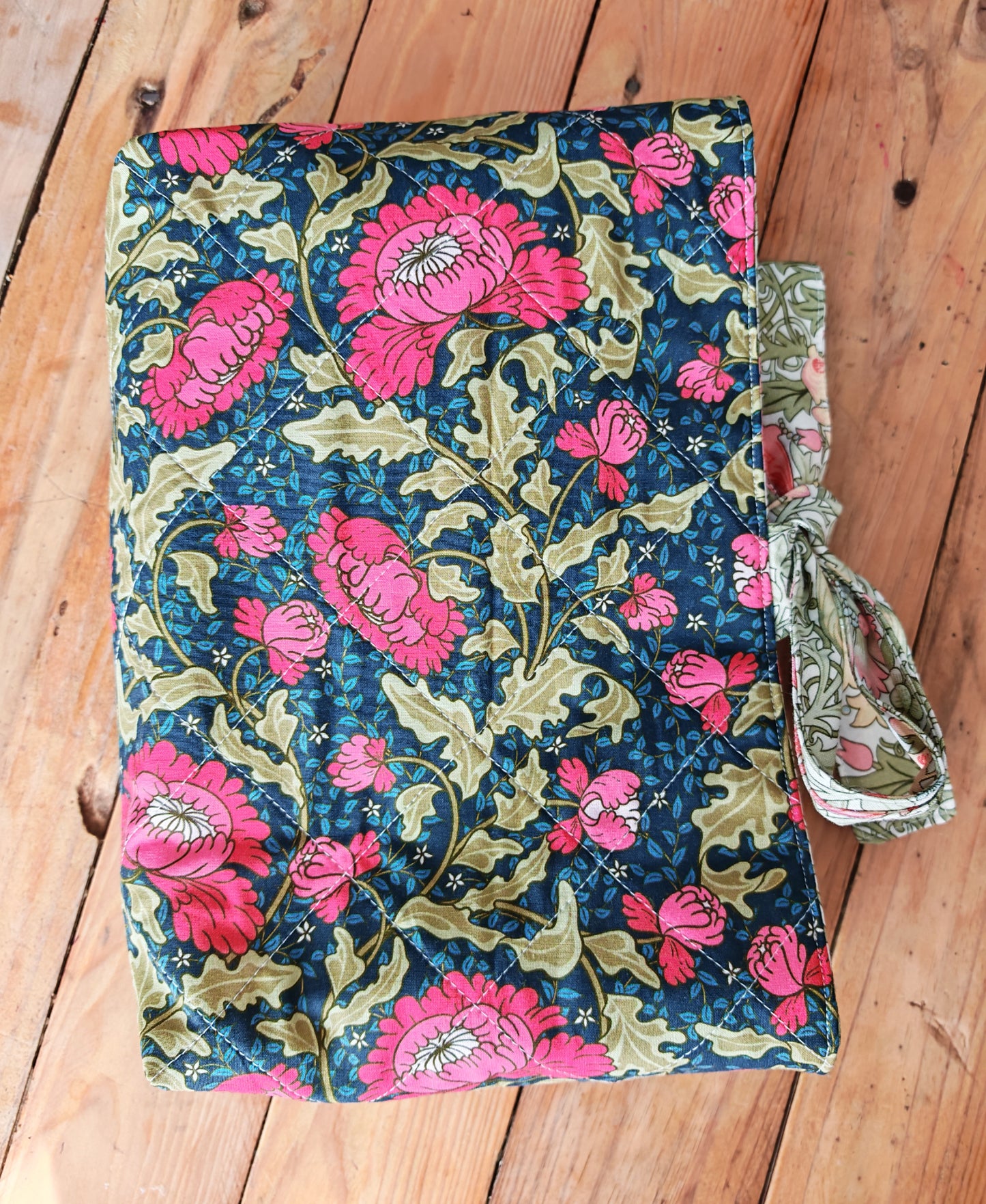Blue and Pink Handmade Quilted Journal Sleeve with Bow
